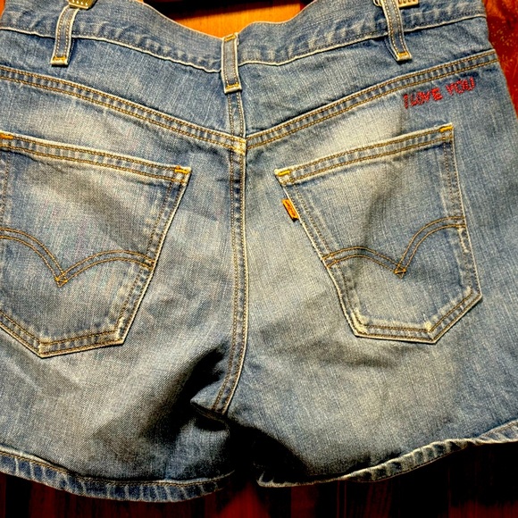 Levi's Pants - Levi Jean shorts, painter pants style. Words “I Love You” embroidered in red